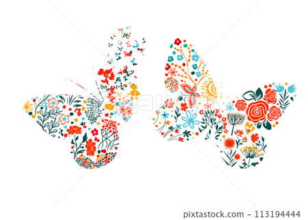 Butterfly of flowers. hand drawing. Not AI, Vector illustration 113194444