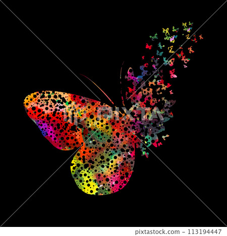 Beautiful colored abstract butterflies on a black background. hand drawing. Not AI. Vector illustration 113194447