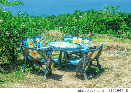 Wooden painted picnic chairs, round table in summer backyard. Dinning woods empty furniture set, green floral bushes, blue sea 113194448