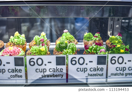 Cakes green cacti form sold in pastry store. Modern botanical cupcake decorating with icing shaped succulents sale in confectionery 113194453