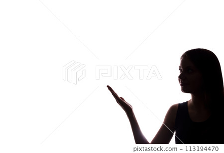 Young woman shows his index finger, hand forward Young woman shows his index finger, hand forward 113194470