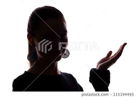 Young woman shows his index finger, hand forward Young woman shows his index finger, hand forward 113194493