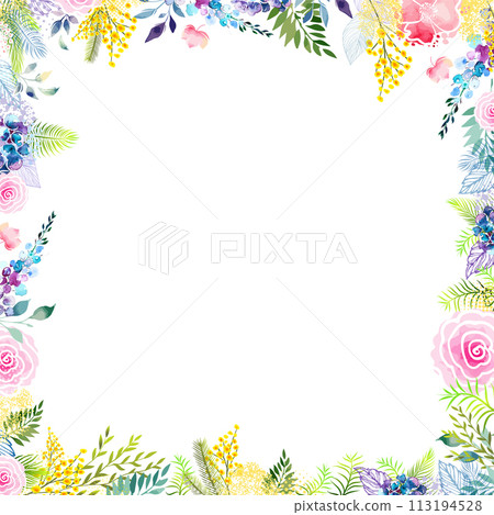 Frame with Yellow mimosa. Spring wreath of the brightest different colorful flowers. Hello Spring . hand drawing. Not AI, 113194528