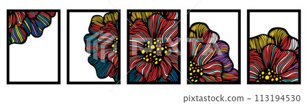 Set of abstract flower posters. Trendy botanical wall arts with floral design. Graphic colored flowers wall paintings. Modern naive groovy funky interior decorations, paintings. Vector 113194530