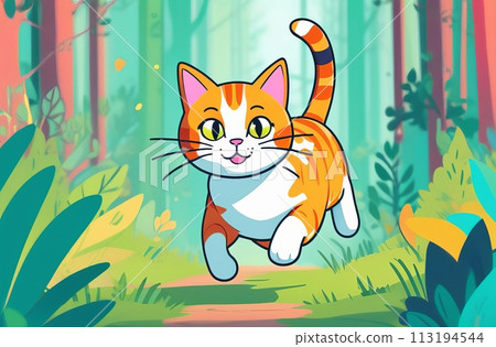 A joyful orange tabby cat prancing through a colorful, sunlit forest 113194544