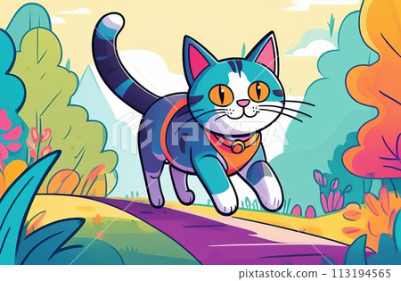 An adorable blue-striped kitten walking in the colorful autumn woods 113194565