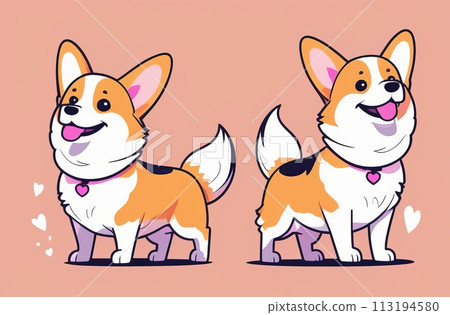 Two happy corgis with pink collars and hearts, illustrated on peach background Two happy corgis with pink collars and hearts, illustrated on peach background 113194580