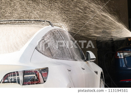 Efficiently cleaning an electric car in the comfort of a suburban driveway, combining eco-consciousness with practicality. 113194581