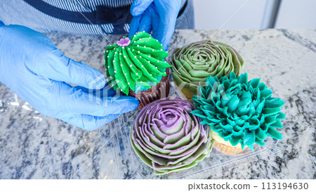 Using buttercream frosting, vanilla and chocolate cupcakes are intricately decorated to resemble various types of cactuses, creating a delightful and visually engaging dessert that showcases Using buttercream frosting, vanilla and chocolate cupcakes are intricately decorated to resemble various types of cactuses, creating a delightful and visually engaging dessert that showcases 113194630