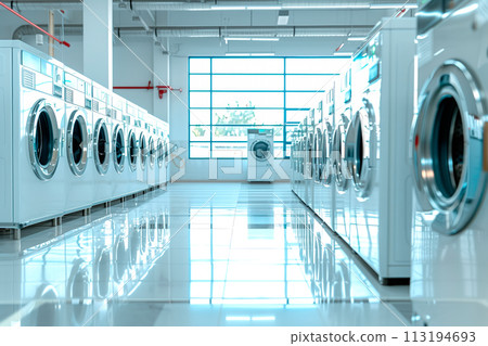 Numerous washing machines lined up in a spacious room, ready for use. The industrial appliances for laundry purposes Numerous washing machines lined up in a spacious room, ready for use. The industrial appliances for laundry purposes 113194693