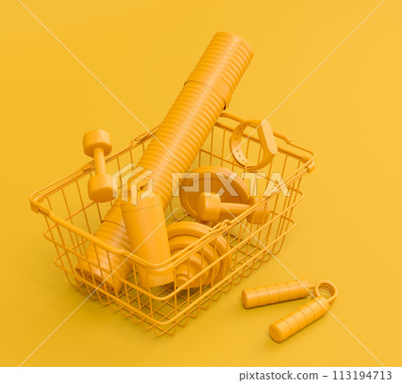 Sport equipment for fitness, gym in shopping basket on monochrome Sport equipment for fitness, gym in shopping basket on monochrome 113194713