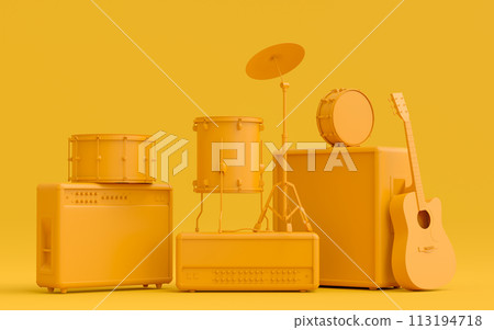Set of electric acoustic guitars, amplifiers and drums with cymbal on monochrome 113194718