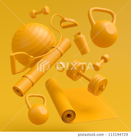 Isometric view of sport equipment like kettlebell, fitness ball and yoga mat 113194729