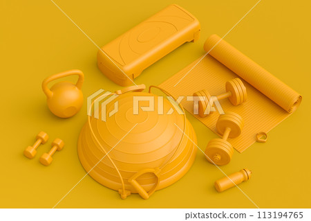 Isometric view of sport equipment like kettlebell, fitness ball and yoga mat 113194765