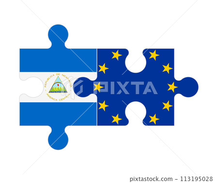 Puzzle of flags of Nicaragua and European Union, vector 113195028
