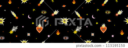 Boho celestial magic art heart star comet flame fire background. Contemporary illustration seamless pattern in playful bohemian style. Mystic cosmic tarot aesthetic. Black red white yellow colors. 113195150