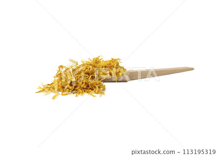 Dried Calendula or Marigold petals on wooden spoon isolated on white background. 113195319
