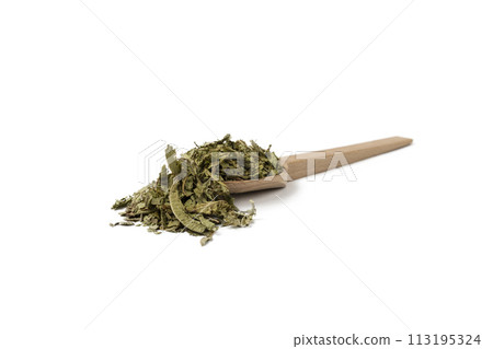 Dried leaves o Lemon verbena in latin Aloysia citrodora on wooden spoon isolated on white background. Medicinal. herb. 113195324