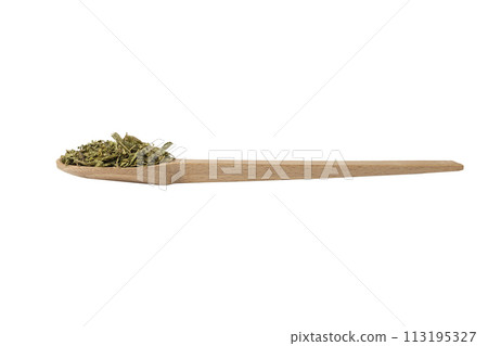 Dried leaves o Lemon verbena in latin Aloysia citrodora on wooden spoon isolated on white background. Medicinal. herb. 113195327