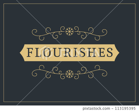 Flourishes calligraphic vintage ornamental background. Vector luxury invitation, restaurant menu or royalty certificate. Golden ornate page with swirls and vignettes elements Flourishes calligraphic vintage ornamental background. Vector luxury invitation, restaurant menu or royalty certificate. Golden ornate page with swirls and vignettes elements 113195395