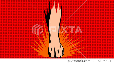 Hand fist with comics background. Blow fist flat cartoon banner. Vector hand strike as a concept energy and power Hand fist with comics background. Blow fist flat cartoon banner. Vector hand strike as a concept energy and power 113195424