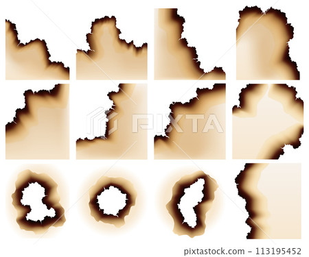 Burnt paper hole, page edges and corners. 3d vector with realistic fire flames, ashes and brown burns. Destroyed paper or parchment with cracked and dirty borders Burnt paper hole, page edges and corners. 3d vector with realistic fire flames, ashes and brown burns. Destroyed paper or parchment with cracked and dirty borders 113195452