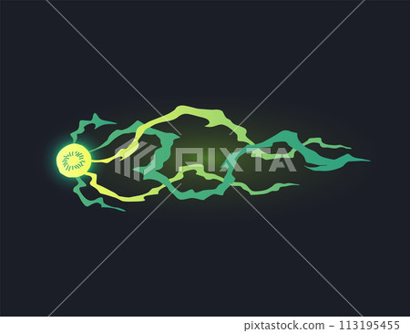 Cartoon laser gun beam. Alien combat weapon rays. Futuristic shot effect. Destructive plasma flow. Bomb blaster attack explosion. Vector game element 113195455