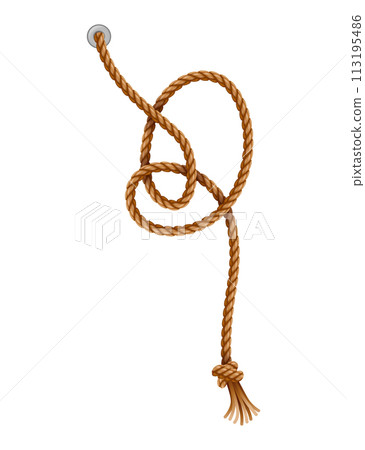 Knotted ropes with tassels and holes. Knot cord curve, rope sailor marine. Curtain tassels, realistic rope elements. Isolated marine twisted loops. Vector illlustration Knotted ropes with tassels and holes. Knot cord curve, rope sailor marine. Curtain tassels, realistic rope elements. Isolated marine twisted loops. Vector illlustration 113195486