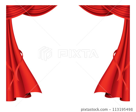 Red curtains realistic. Theater fabric silk decoration for movie cinema or opera hall. Curtains and draperies interior decoration object. Isolated on transparent for theater stage Red curtains realistic. Theater fabric silk decoration for movie cinema or opera hall. Curtains and draperies interior decoration object. Isolated on transparent for theater stage 113195498