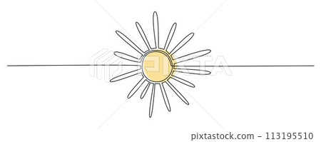 Sun - one single hand drawing continuous line banner. Vector stock illustration isolated on white background for design template summer travel poster, flyer. Editable stroke. EPS10 Sun - one single hand drawing continuous line banner. Vector stock illustration isolated on white background for design template summer travel poster, flyer. Editable stroke. EPS10 113195510