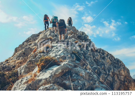 Hikers Conquering Mountain Peak 113195757