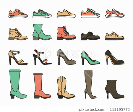 Flat Vector Linear Male and Female Shoes Icon Set Isolated. Sneakers, Shoes, Boots Footwear Color Icons Flat Vector Linear Male and Female Shoes Icon Set Isolated. Sneakers, Shoes, Boots Footwear Color Icons 113195773