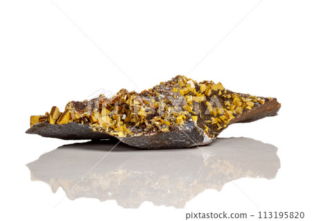 Macro mineral stone yellow Wulfenite on a white background Macro mineral stone yellow Wulfenite on a white background 113195820