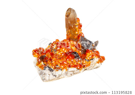 macro mineral stone Spessartine, orange, red garnet with quartz on white background 113195828