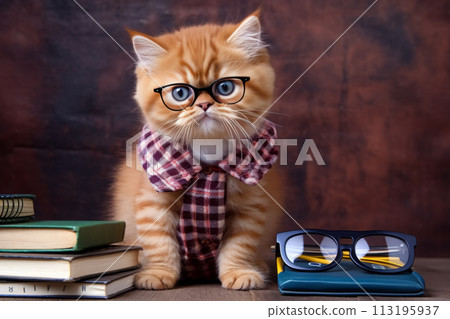 Accountant Cat with Glasses Planning Budget 113195937