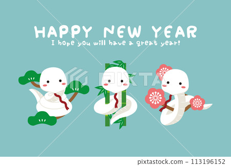 新年賀卡新年賀卡2025年松竹梅白蛇背景淺藍色 113196152