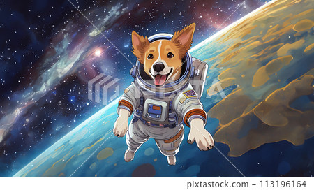 一隻穿著太空服漂浮在外太空的狗的插圖 113196164