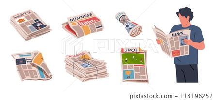 Cartoon periodical newspapers. Rolls, stacks, folded press, man reads periodicals, daily news, columns and publications, business and sport media information, nowaday vector isolated set 113196252