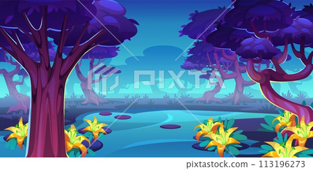 Magic trees background. Ui game location design, fantasy forest landscape, fairytale trees, strange beautiful flora. Mystical alien panorama. Dangerous woodland. Tidy vector cartoon concept Magic trees background. Ui game location design, fantasy forest landscape, fairytale trees, strange beautiful flora. Mystical alien panorama. Dangerous woodland. Tidy vector cartoon concept 113196273