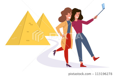 People make selfie. Happy friends taking photo on vacation. Memories in travel. Women standing near Egyptian pyramids. Tourists in historical place. Cartoon flat isolated vector illustration 113196278