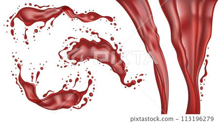 Red wine splashes and jets. Realistic grape liquid in motion with flowing and falling water drops. Alcoholic drink flying, waves with swirls. 3d isolated elements on white, vector set Red wine splashes and jets. Realistic grape liquid in motion with flowing and falling water drops. Alcoholic drink flying, waves with swirls. 3d isolated elements on white, vector set 113196279