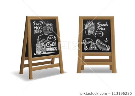 Street menu. Black wooden board front and side view. Hot and cold drinks, street food chalk drawing sketch, outdoor promotion banner for cafe and restaurant, Realistic isolated vector concept Street menu. Black wooden board front and side view. Hot and cold drinks, street food chalk drawing sketch, outdoor promotion banner for cafe and restaurant, Realistic isolated vector concept 113196280