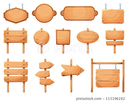 UI game wooden boards. Cartoon hanging and standing signs, old rustic tablets, empty design templates, textured panels, hardwood signboards and blank banners, vector isolated set 113196282