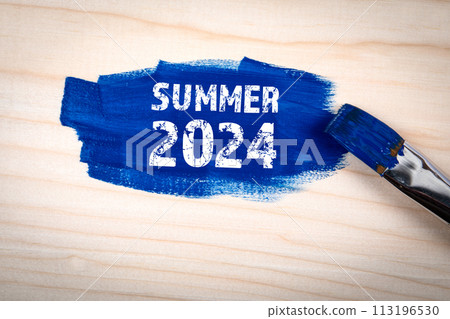 Summer 2024. Blue paint and brush on wood texture background Summer 2024. Blue paint and brush on wood texture background 113196530