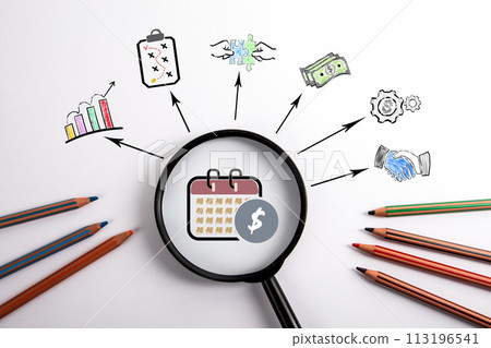Time is money concept. Black magnifying glass on a white background Time is money concept. Black magnifying glass on a white background 113196541