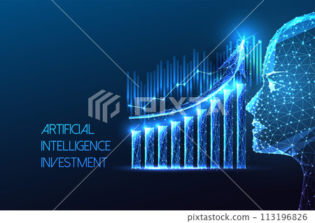 Futuristic AI investment concept with AI face and growth chart on dark blue background. Futuristic AI investment concept with AI face and growth chart on dark blue background. 113196826