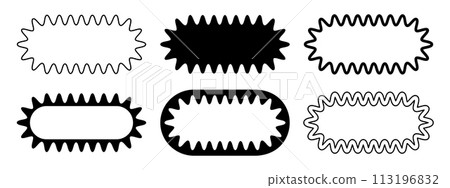 Set of different oval frames with wiggly edges. Rectangular shapes with wavy borders. Picture or mirror frames, empty text boxes, tags or labels scrapbook elements. Vector graphic illustration Set of different oval frames with wiggly edges. Rectangular shapes with wavy borders. Picture or mirror frames, empty text boxes, tags or labels scrapbook elements. Vector graphic illustration 113196832