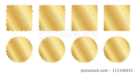 Set of gold square and circle stickers with wavy borders. Wiggly round and squared shining labels, badges, price tags, stamps, sale offers isolated on white background. Vector illustration Set of gold square and circle stickers with wavy borders. Wiggly round and squared shining labels, badges, price tags, stamps, sale offers isolated on white background. Vector illustration 113196833