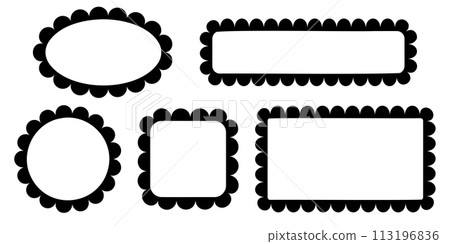 Set of round, square, rectangle and oval frames with scallop borders. Tags, labels, text boxes or stickers templates with wiggly edges isolated on white background. Vector graphic illustration Set of round, square, rectangle and oval frames with scallop borders. Tags, labels, text boxes or stickers templates with wiggly edges isolated on white background. Vector graphic illustration 113196836