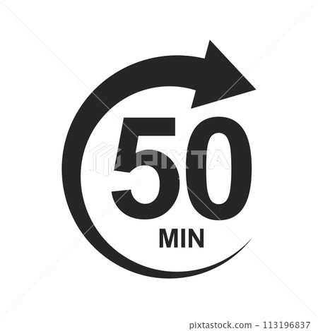 Fifty minutes icon with circle arrow. 50 min countdown sign. Stopwatch symbol. Sport or cooking timer isolated on white background. Delivery, deadline, duration pictogram. Vector graphic illustration Fifty minutes icon with circle arrow. 50 min countdown sign. Stopwatch symbol. Sport or cooking timer isolated on white background. Delivery, deadline, duration pictogram. Vector graphic illustration 113196837